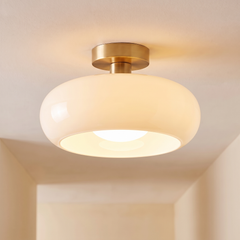 Gold White vintage glass mushroom semi flush ceiling light, lit
