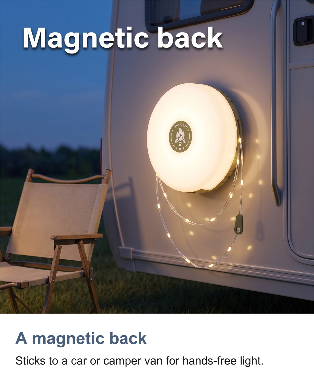 Camping lantern with 10m string light: A magnetic back