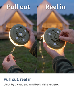 Camping lantern with 10m string light: Pull out, reel in