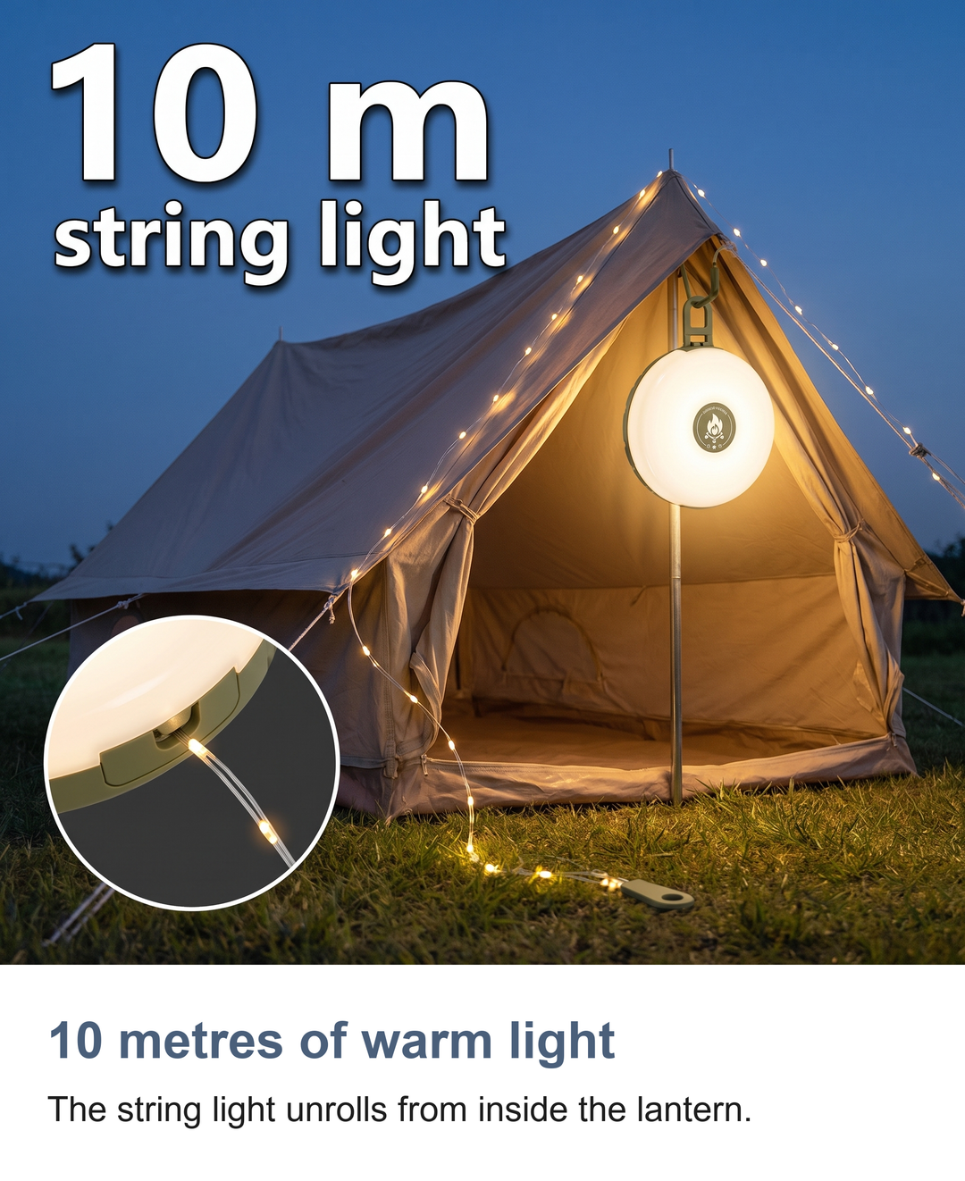 Camping lantern with 10m string light: 10 metres of warm light
