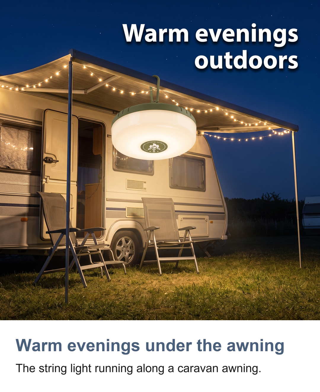 Camping lantern with 10m string light: Warm evenings under the awning