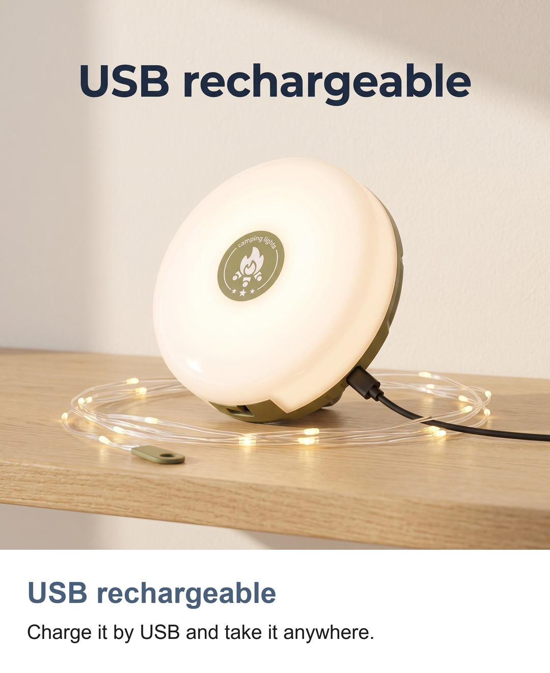 Camping lantern with 10m string light: USB rechargeable