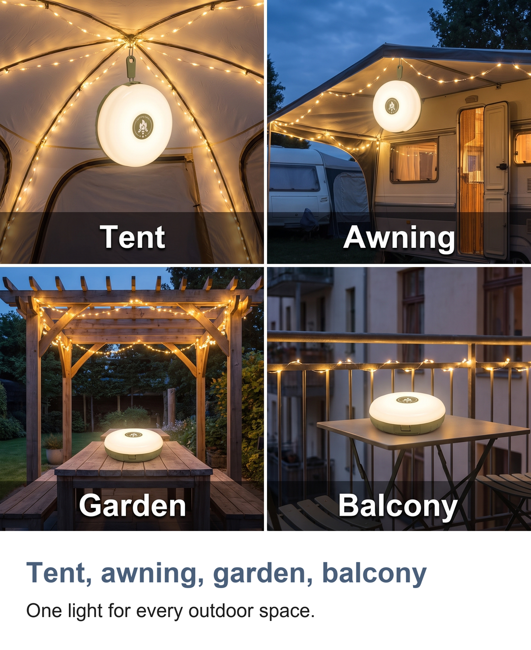 Camping lantern with 10m string light: Tent, awning, garden, balcony