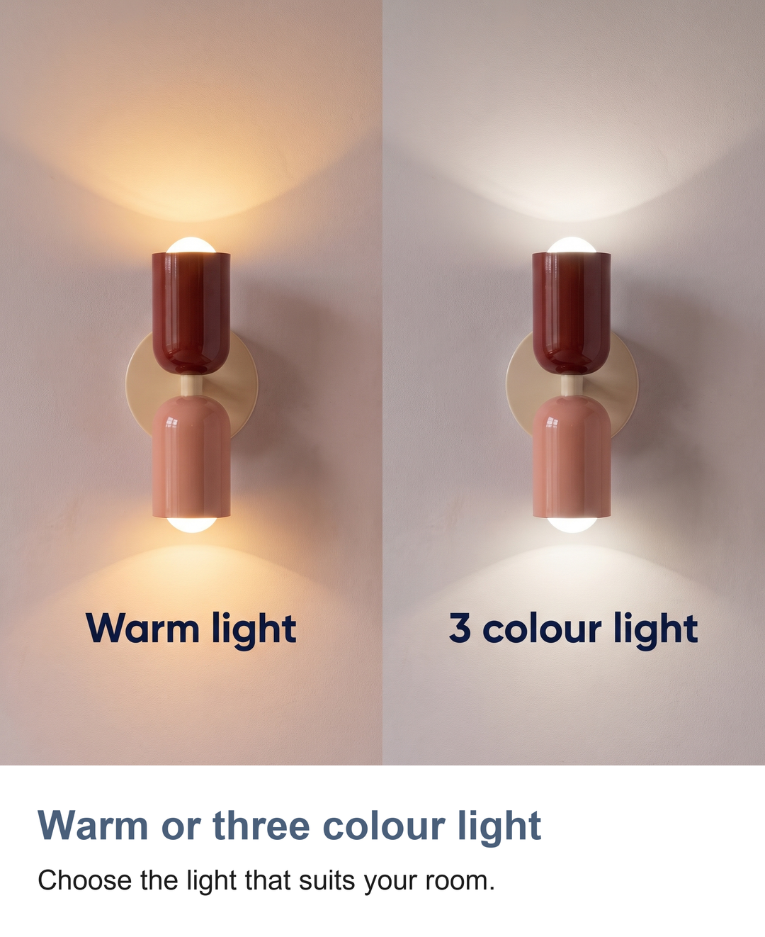 Two tone up and down capsule wall light: Warm or three colour light