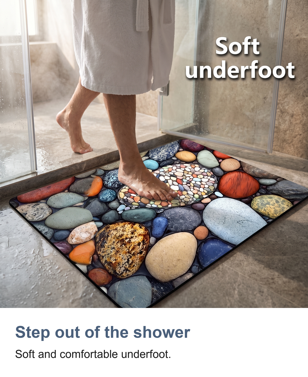 Diatomite bath mat with pebble print: Step out of the shower
