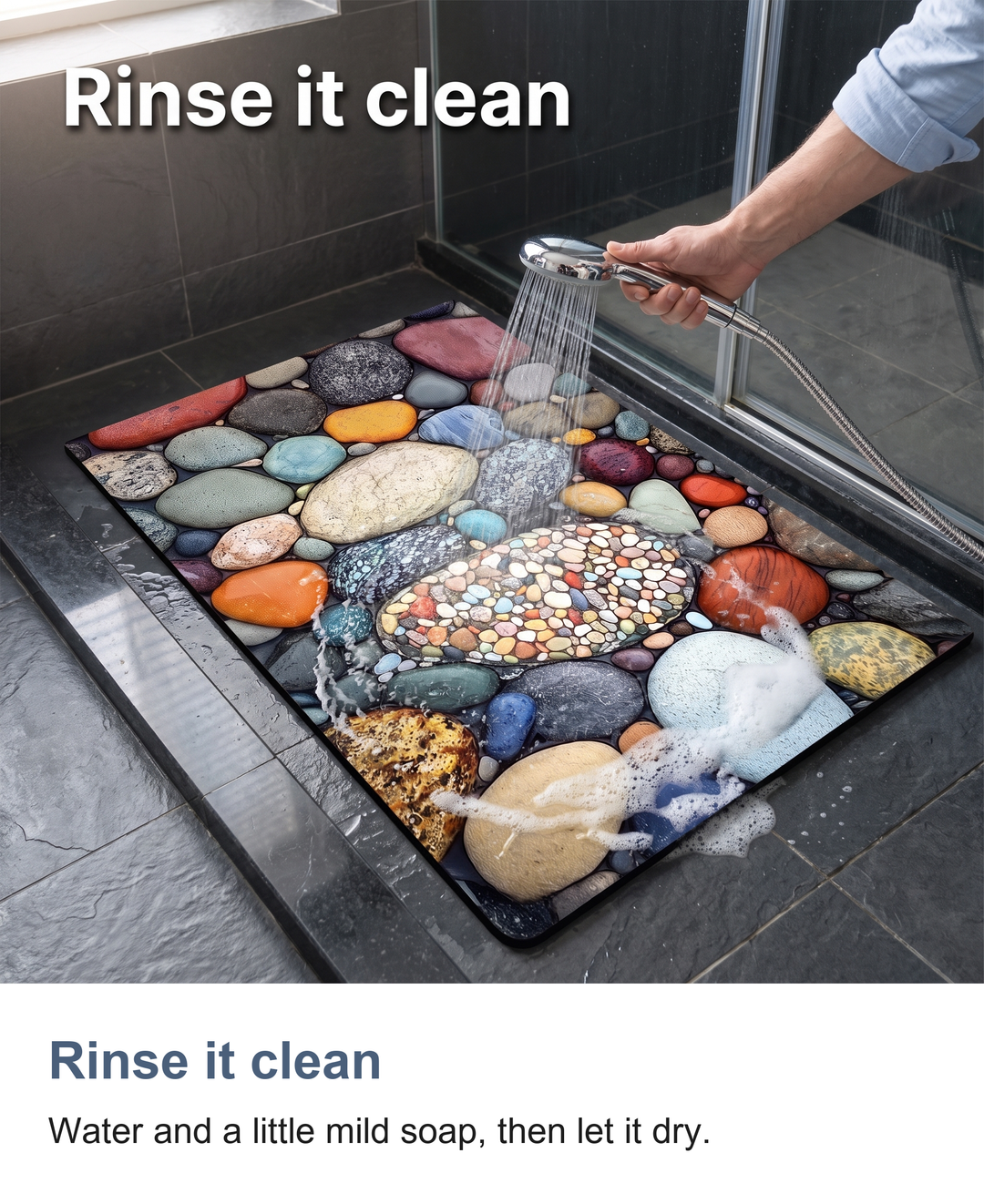Diatomite bath mat with pebble print: Rinse it clean