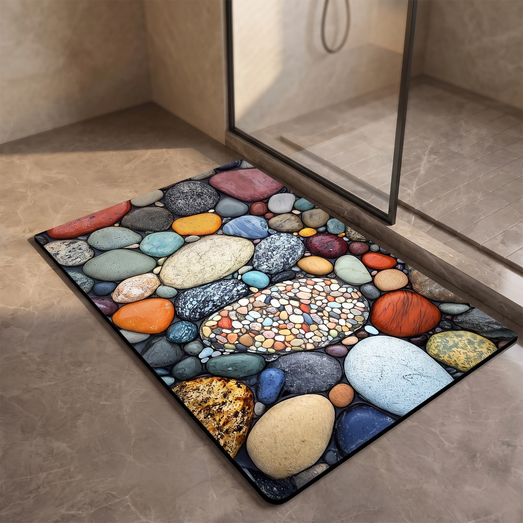 Diatomite bath mat, Speckled Oval print, on a bathroom floor outside a walk-in shower