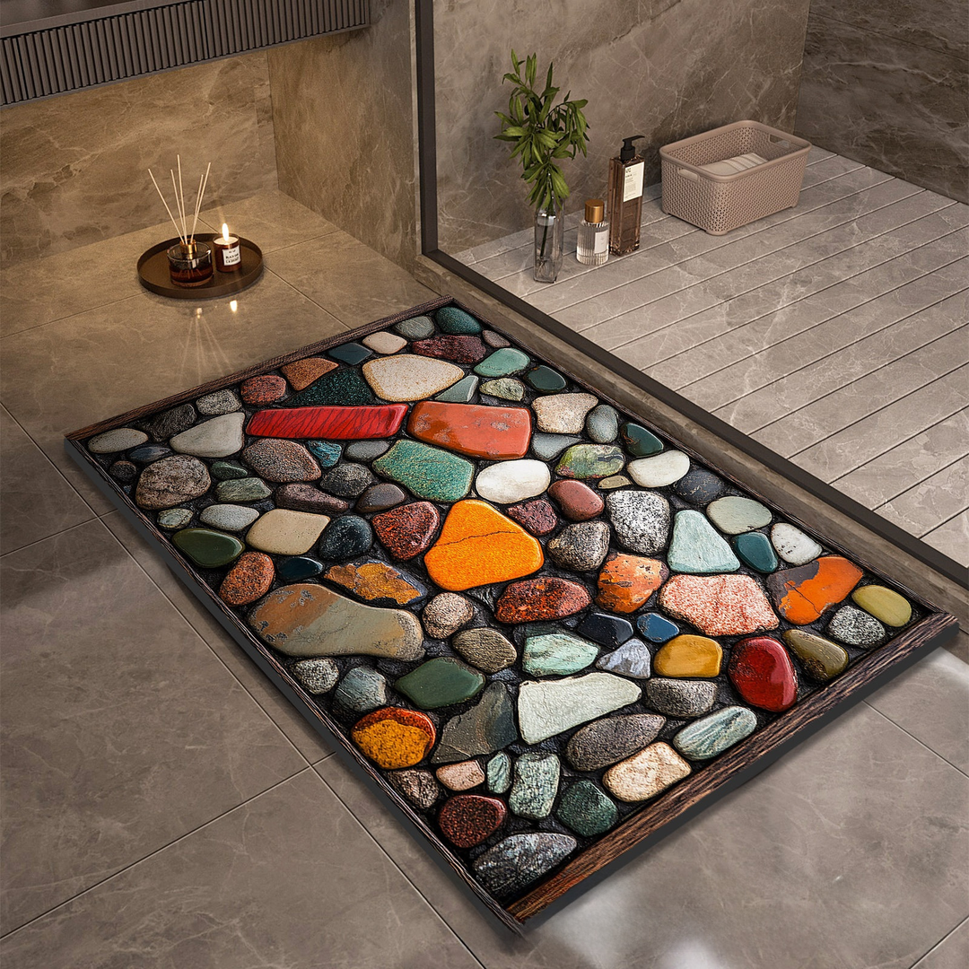 Diatomite bath mat, Mosaic Stones print, on a bathroom floor outside a walk-in shower