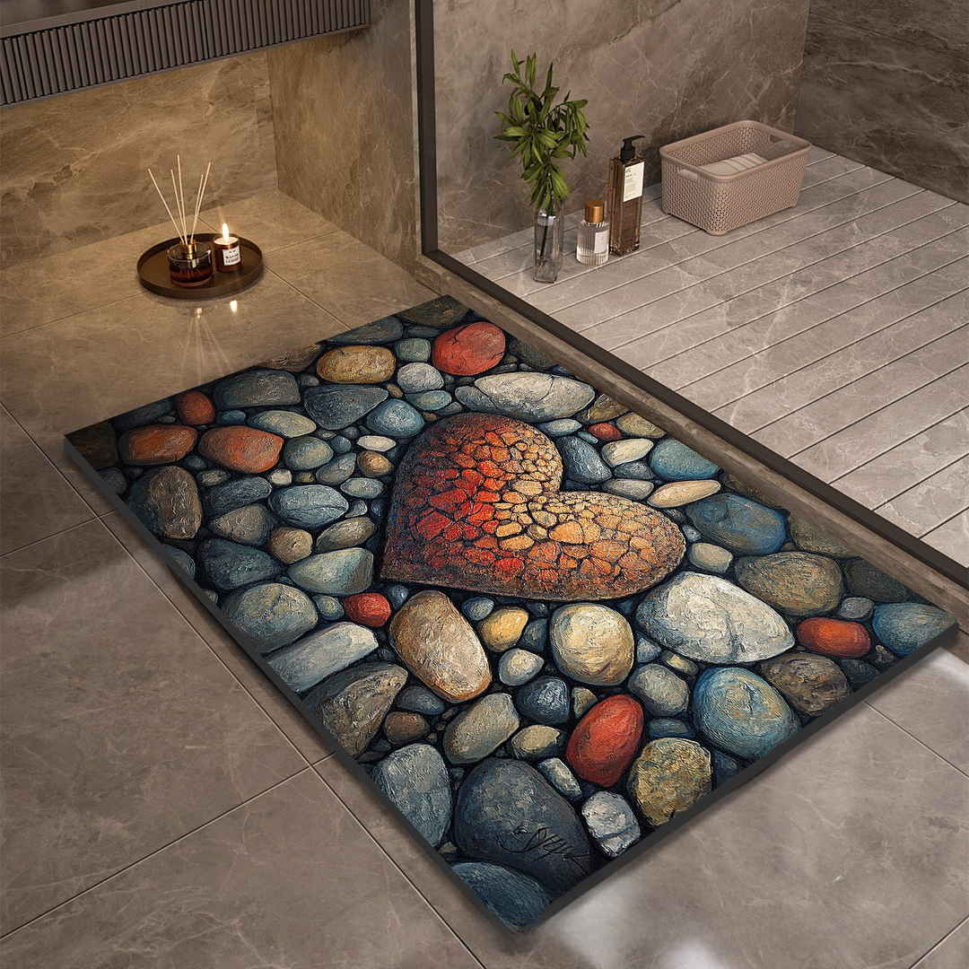 Diatomite bath mat, Red Heart print, on a bathroom floor outside a walk-in shower
