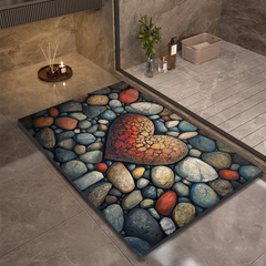 Diatomite bath mat, Red Heart print, on a bathroom floor outside a walk-in shower