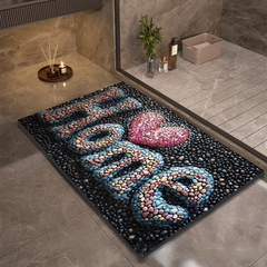 Diatomite bath mat, Home Sparkle Heart print, on a bathroom floor outside a walk-in shower