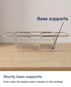 Expandable stainless steel dish drainer: Sturdy base supports
