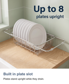 Expandable stainless steel dish drainer: Built in plate slot