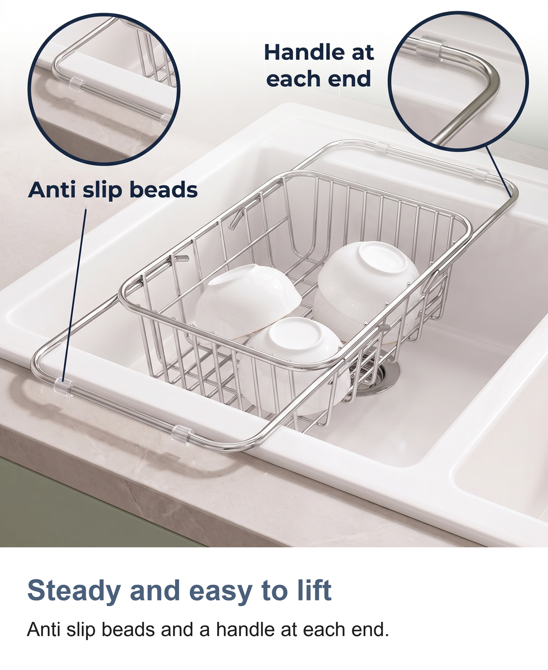 Expandable stainless steel dish drainer: Steady and easy to lift