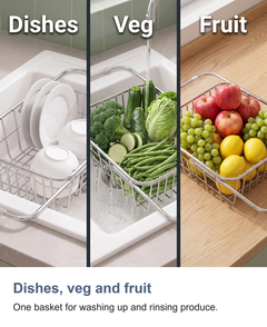 Expandable stainless steel dish drainer: Dishes, veg and fruit