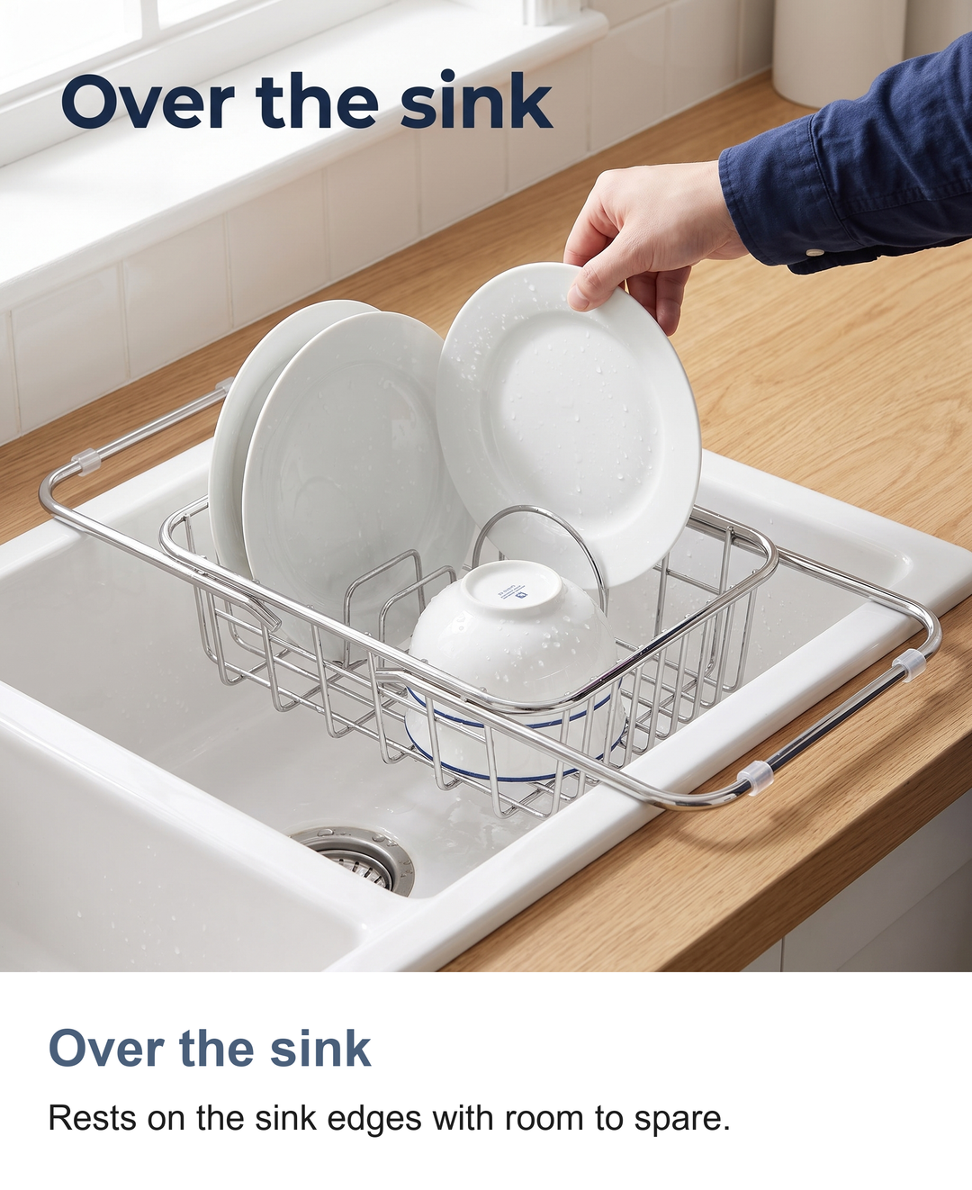 Expandable stainless steel dish drainer: Over the sink