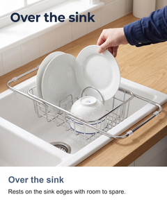 Expandable stainless steel dish drainer: Over the sink