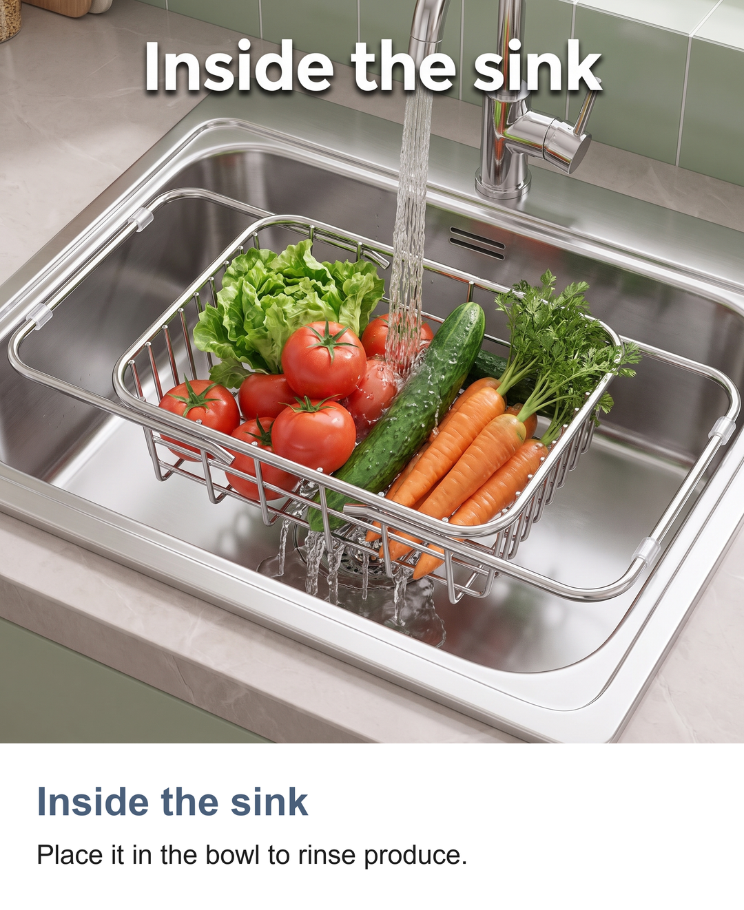 Expandable stainless steel dish drainer: Inside the sink