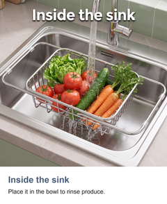 Expandable stainless steel dish drainer: Inside the sink