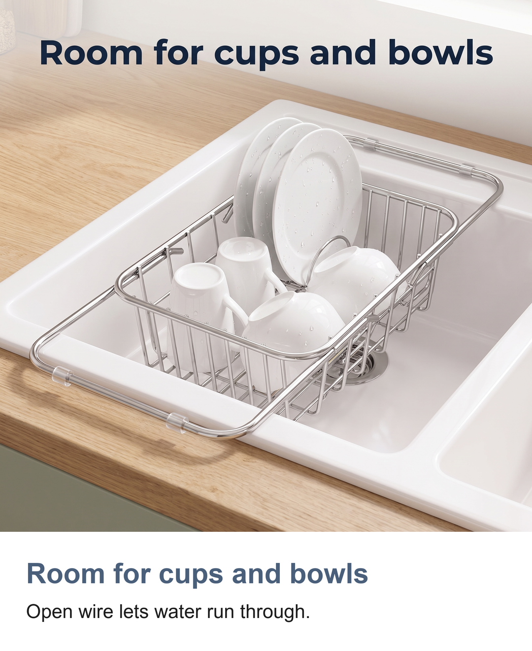 Expandable stainless steel dish drainer: Room for cups and bowls