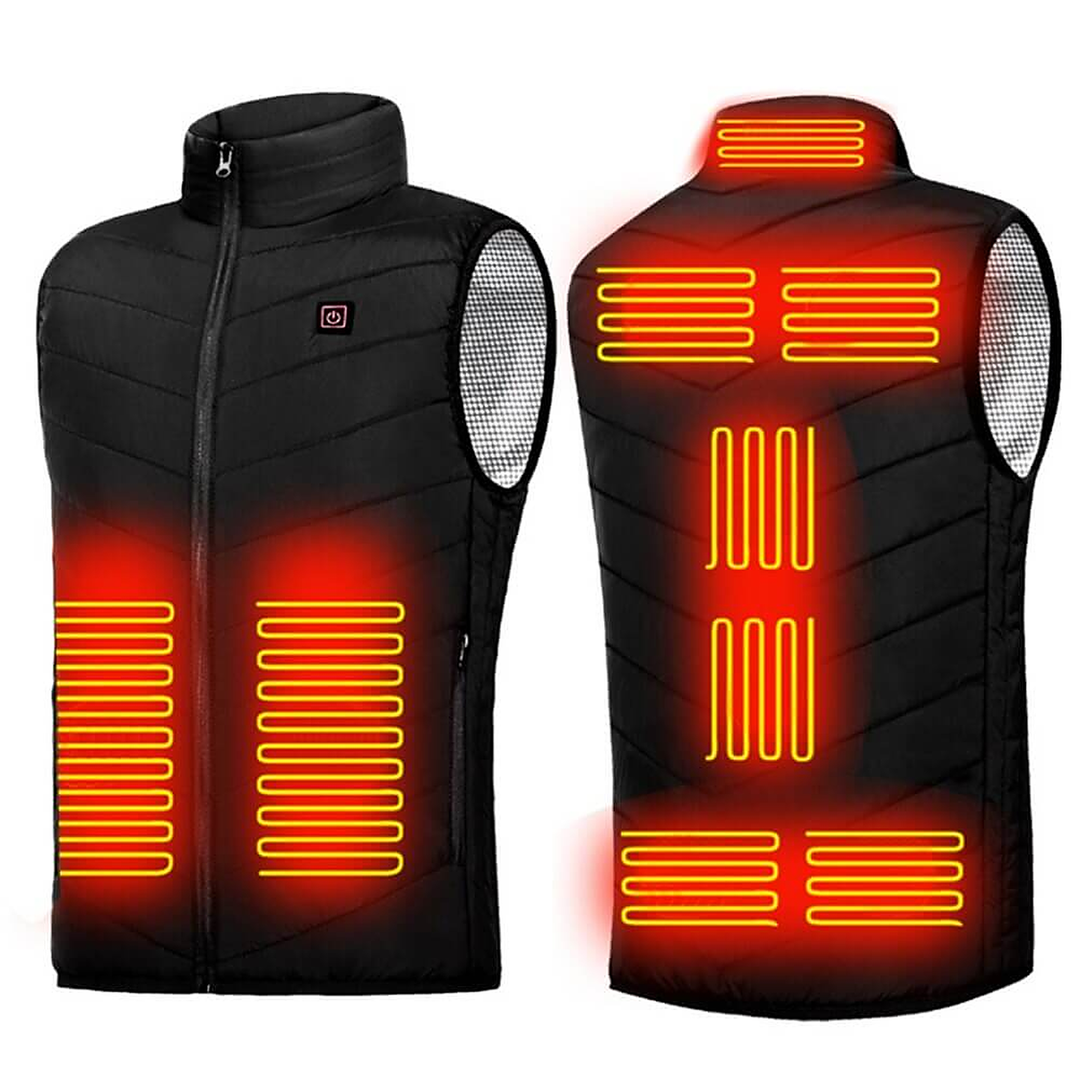 Black heated gilet with 9 heating zones worn on a frosty path