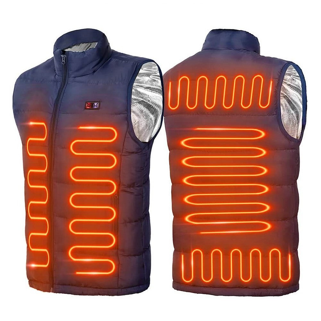 Navy blue heated gilet with 9 heating zones worn on a frosty path