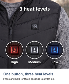 Heated gilet with 9 heating zones: One button, three heat levels