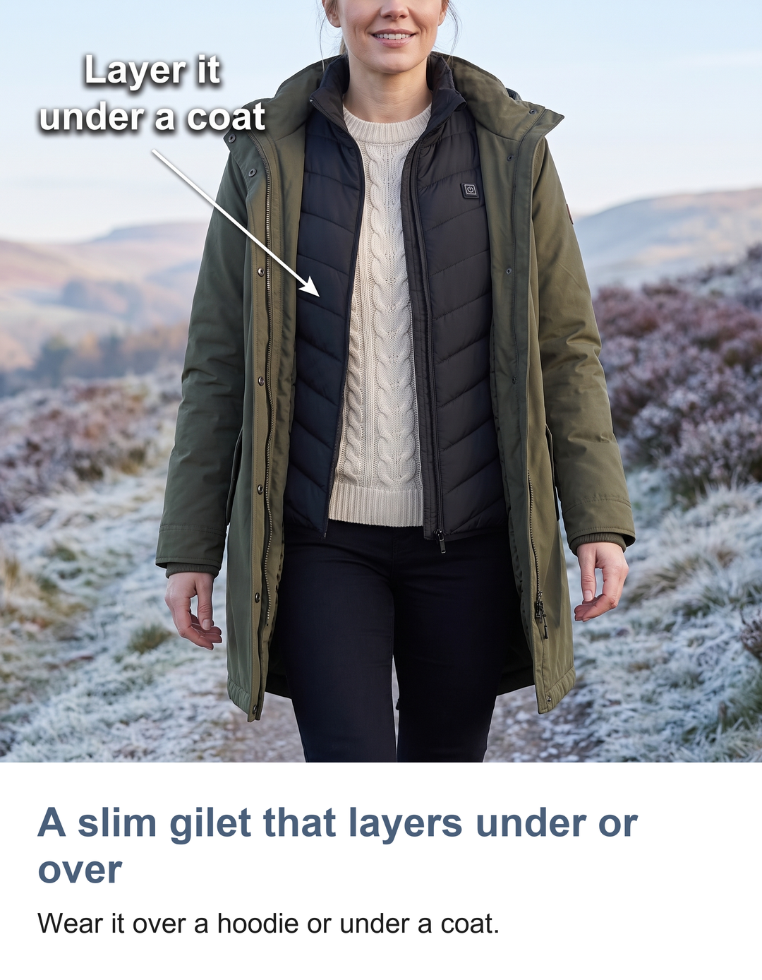 Heated gilet with 9 heating zones: A slim gilet that layers under or over