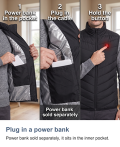 Heated gilet with 9 heating zones: Plug in a power bank
