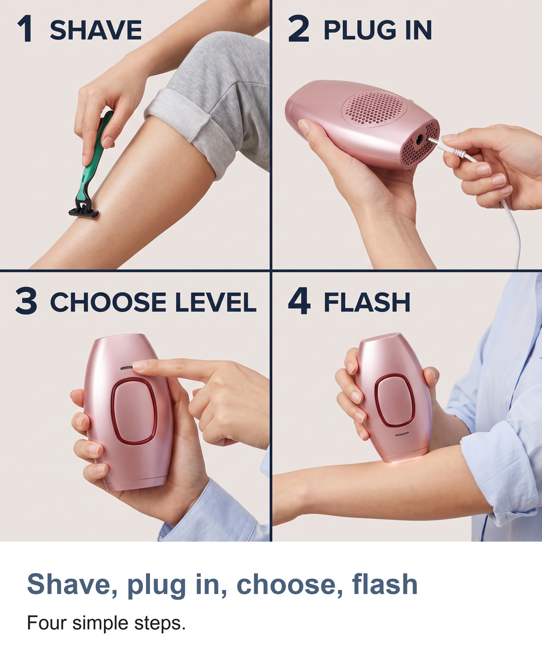 At home IPL hair removal device: Shave, plug in, choose, flash