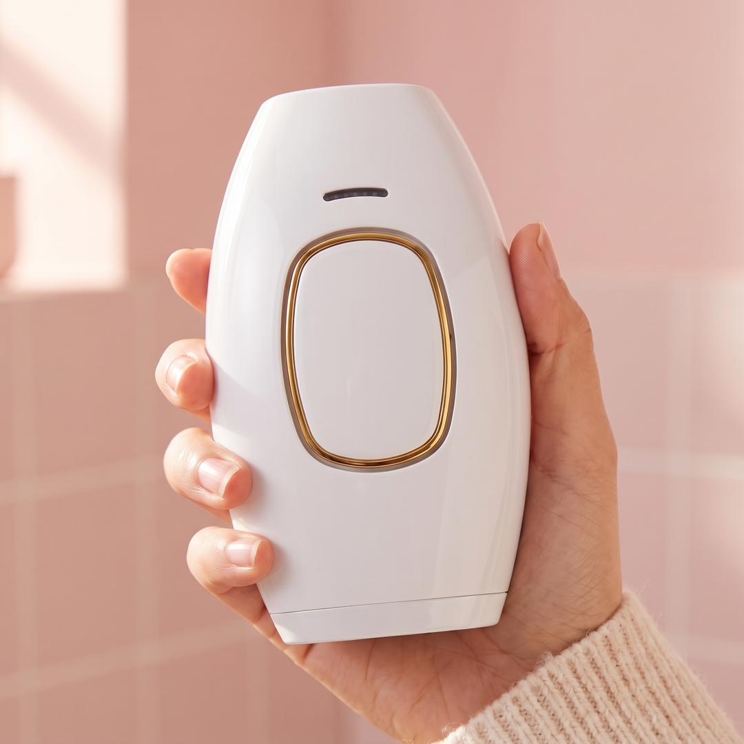 White handheld IPL hair removal device held in one hand