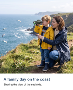 Monocular telescope with phone holder and tripod: A family day on the coast