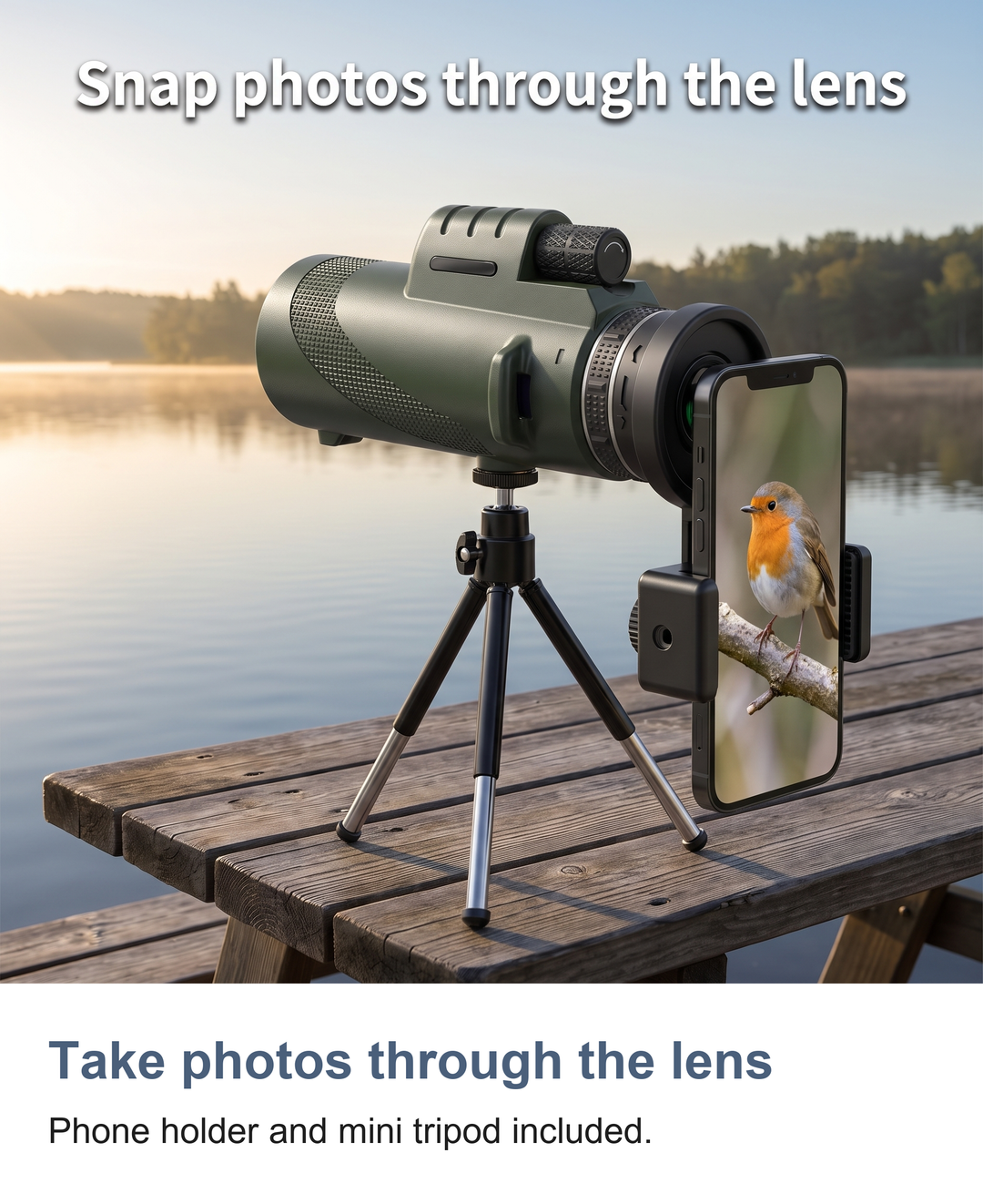 Monocular telescope with phone holder and tripod: Take photos through the lens