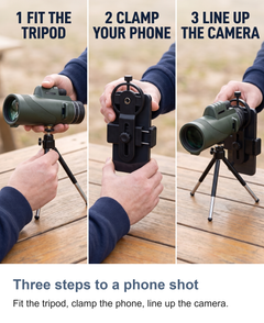 Monocular telescope with phone holder and tripod: Three steps to a phone shot