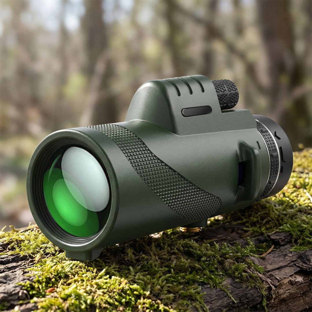 Green monocular telescope with a multi-coated lens resting on a mossy log in woodland