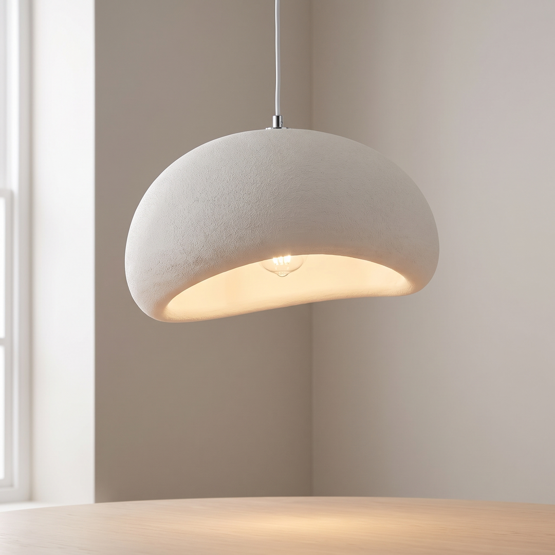 White textured mushroom pendant light glowing warm in a calm room with a wooden table below