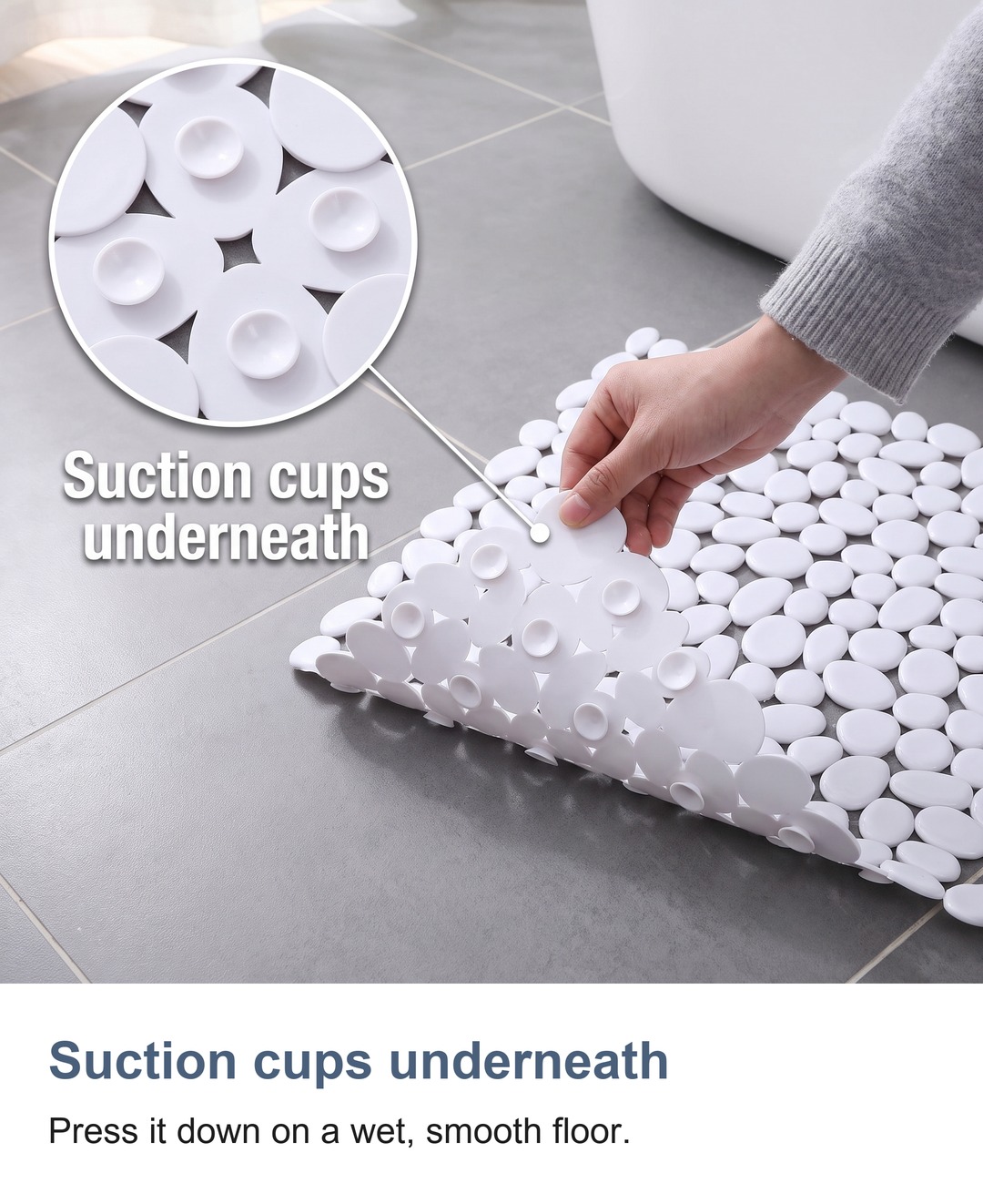 Pebble shower mat with suction cups: Suction cups underneath
