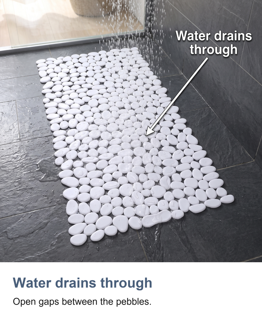 Pebble shower mat with suction cups: Water drains through