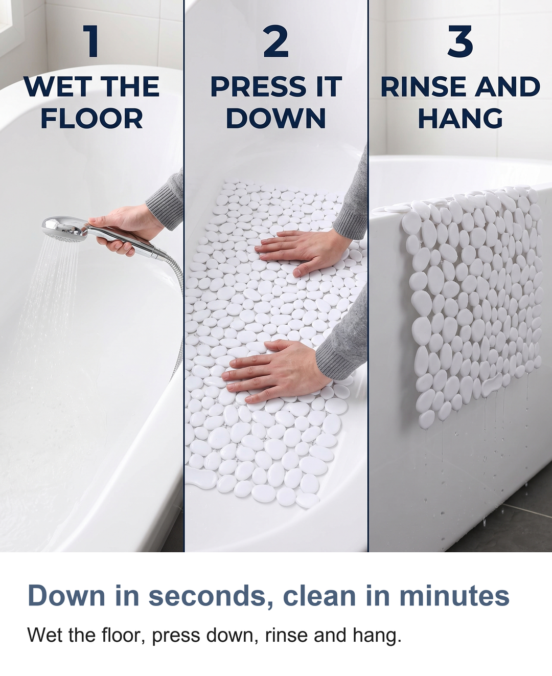 Pebble shower mat with suction cups: Down in seconds, clean in minutes