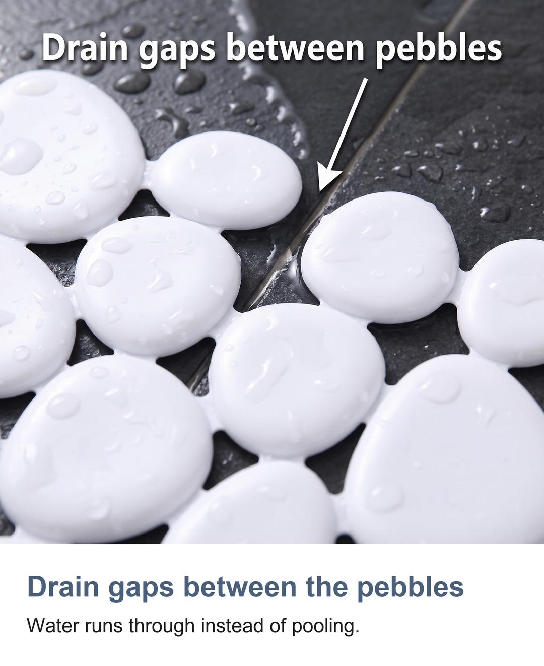 Pebble shower mat with suction cups: Drain gaps between the pebbles