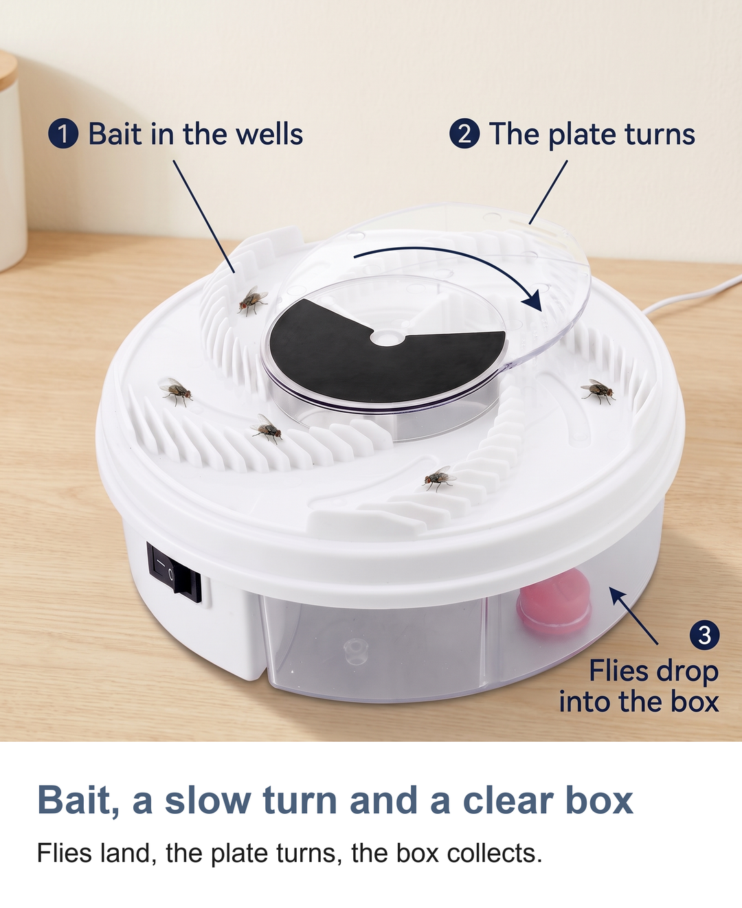 Electric rotating fly trap: Bait, a slow turn and a clear box