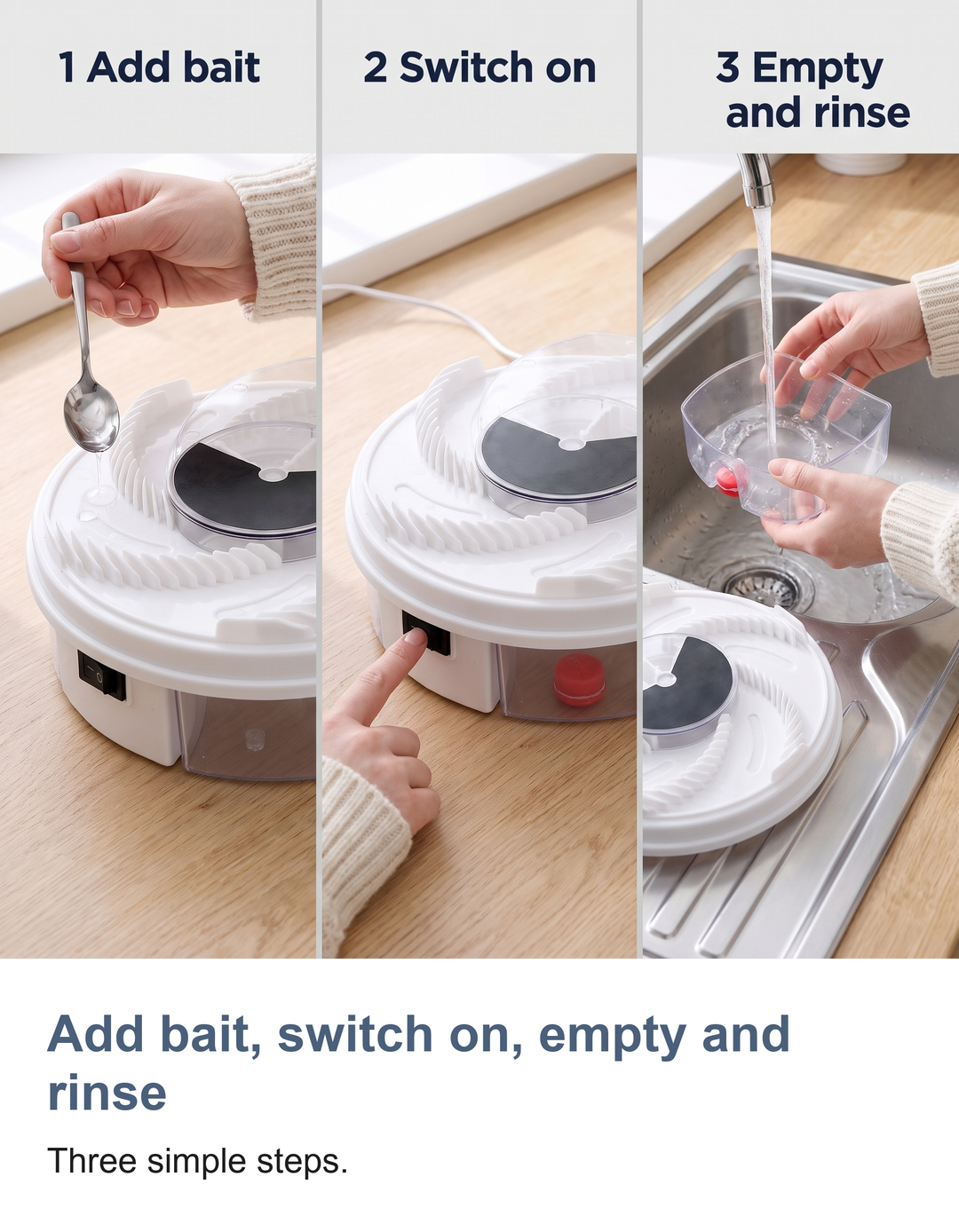 Electric rotating fly trap: Add bait, switch on, empty and rinse