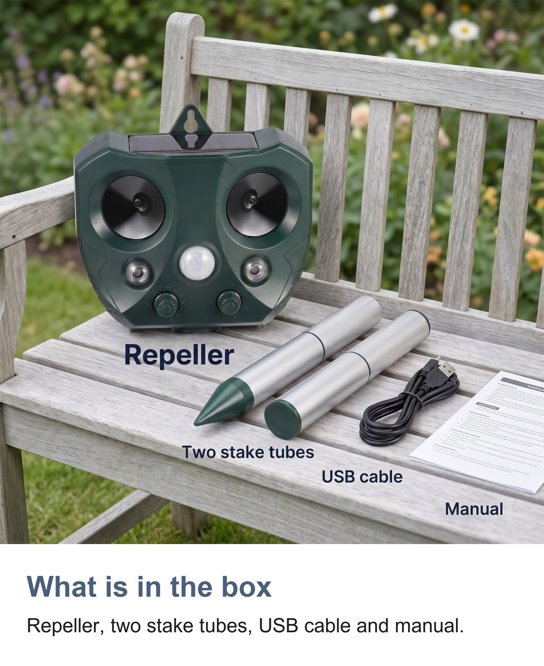Solar ultrasonic animal repeller: What is in the box