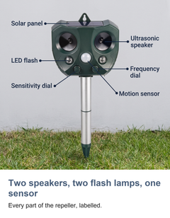 Solar ultrasonic animal repeller: Two speakers, two flash lamps, one sensor