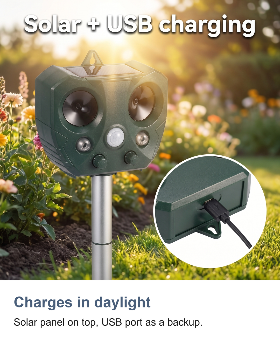 Solar ultrasonic animal repeller: Charges in daylight