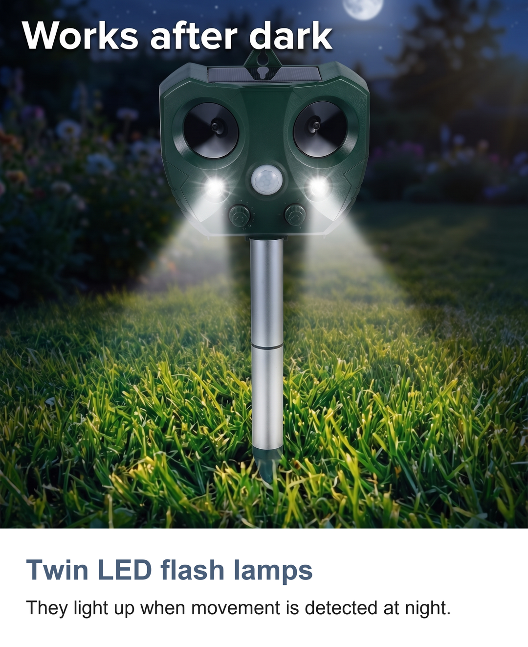 Solar ultrasonic animal repeller: Twin LED flash lamps