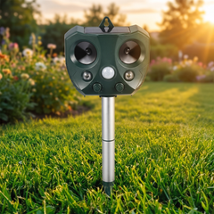 Green solar ultrasonic animal repeller staked in a garden lawn at sunset