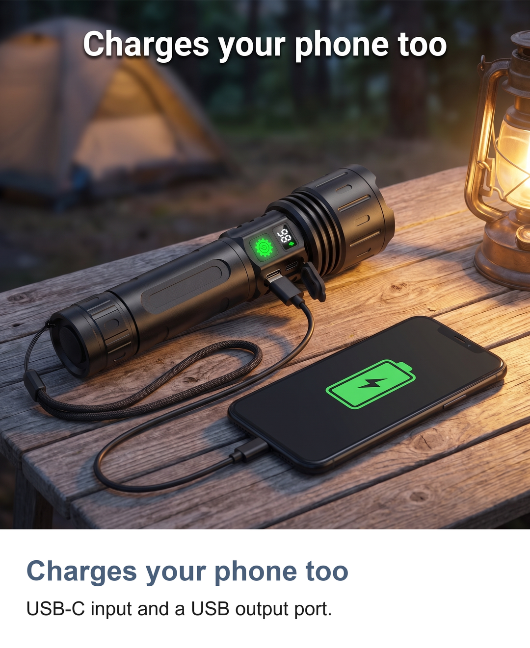 Rechargeable LED torch with zoom: Charges your phone too