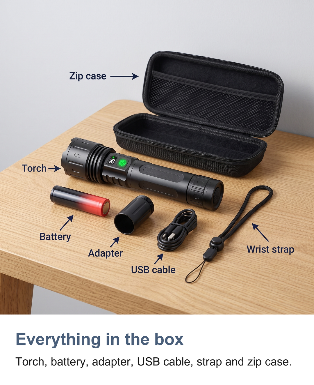 Rechargeable LED torch with zoom: Everything in the box