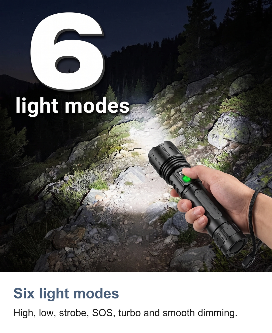 Rechargeable LED torch with zoom: Six light modes